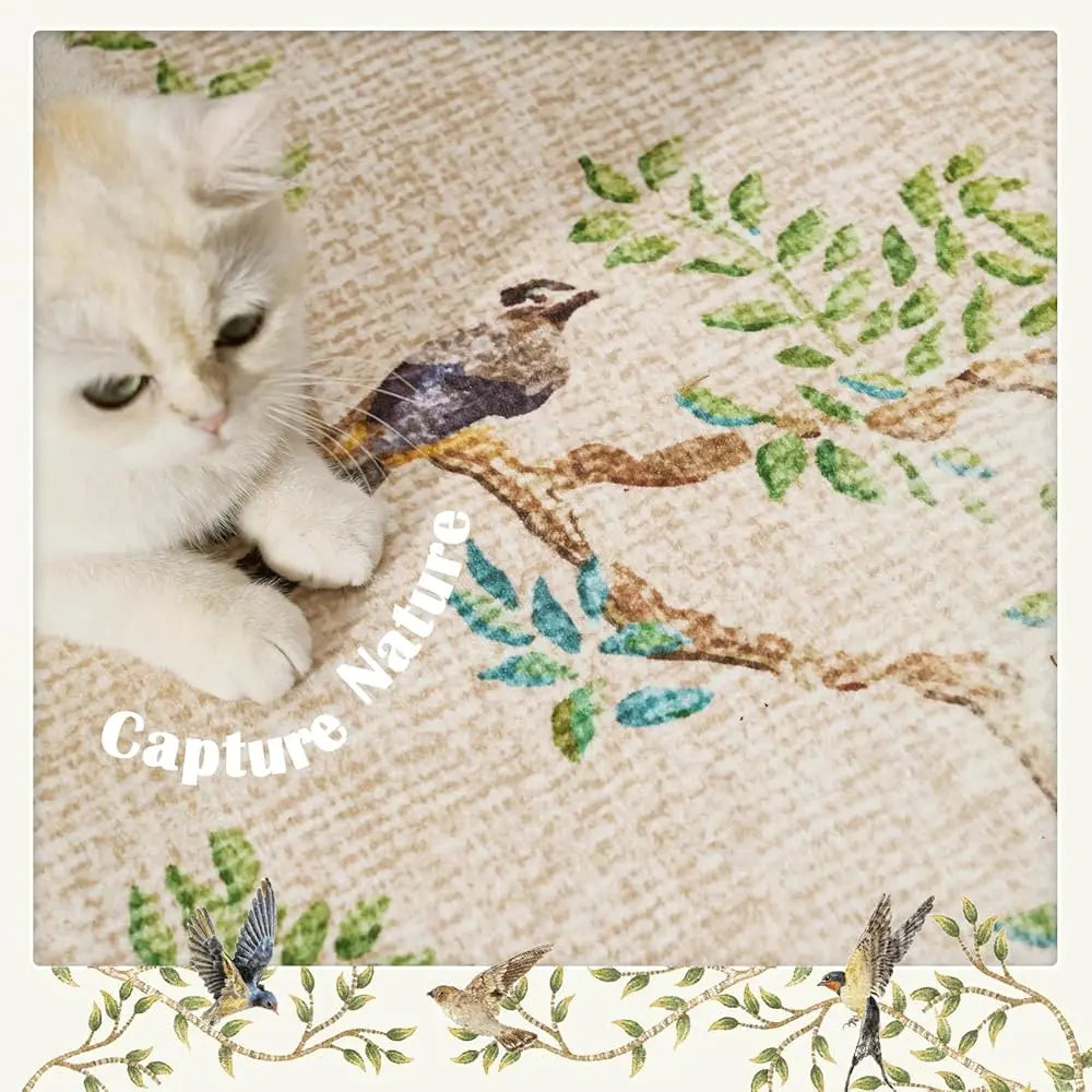 Round Rugs 6Ft Beige Botanical Birds Print,Machine Washable 6' Circle Nature Plants Modern Soft Non-Slip Kids Throw Area