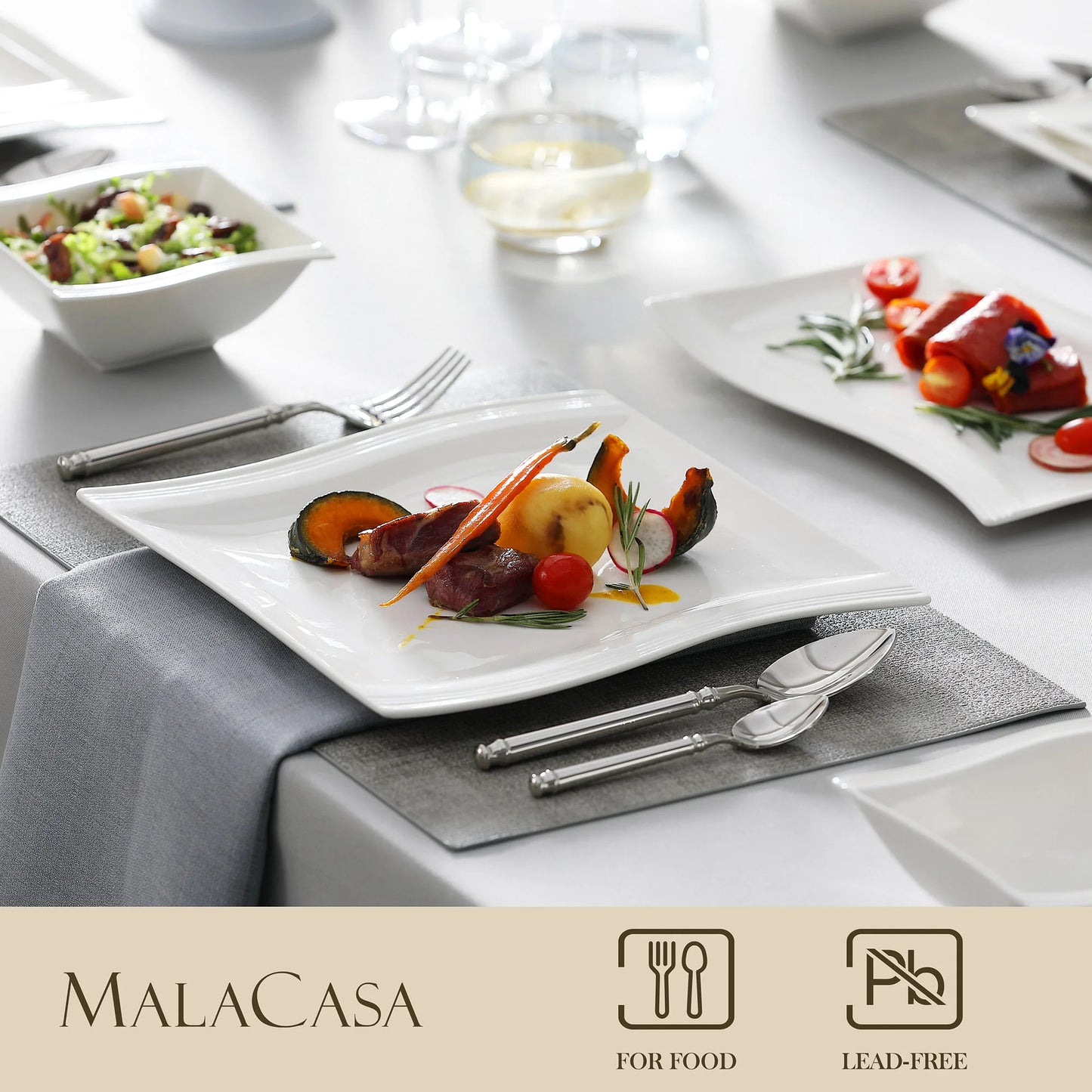 MALACASA Flora 26-Piece Porcelain Dinner Set with Bowls Dessert Soup Dinner Plates Rectangular Plates Set Service for 6 Person