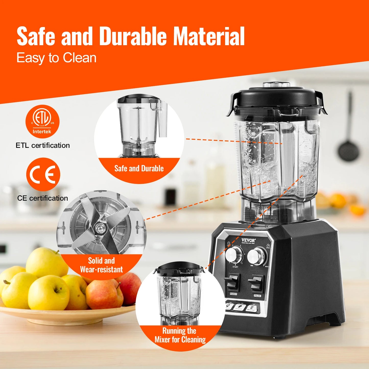 SucceBuy 2L Smoothie Blender Professional Countertop Fruit Food Processor Mixer Maker with Stainless Steel for Home Kitchen Bar