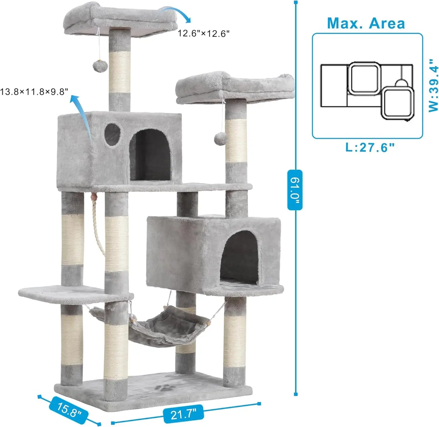 Large Multi-Level Cat Tree with Sisal Posts, 2 Plush Condos, Perch & Hammock for Cats - Light Gray