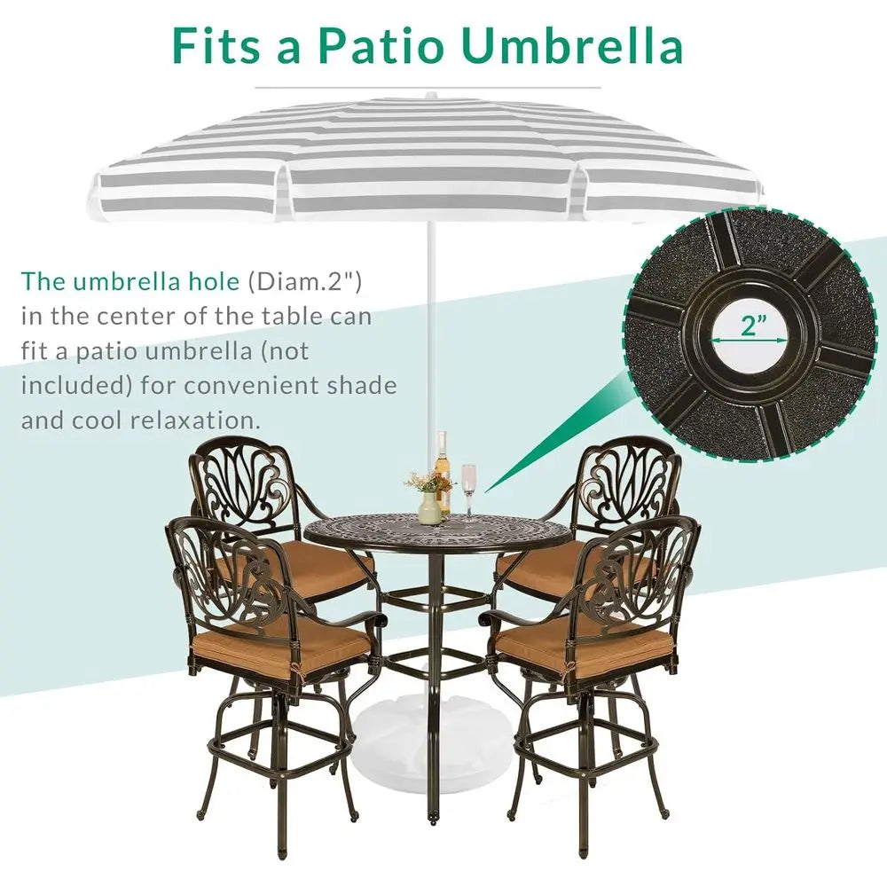 5-Piece Patio Swivel Bar Stools Set, All Weather Cast Aluminum Outdoor Bar Height Bistro Set with 4 Cushioned Bar Chairs & 38.5"