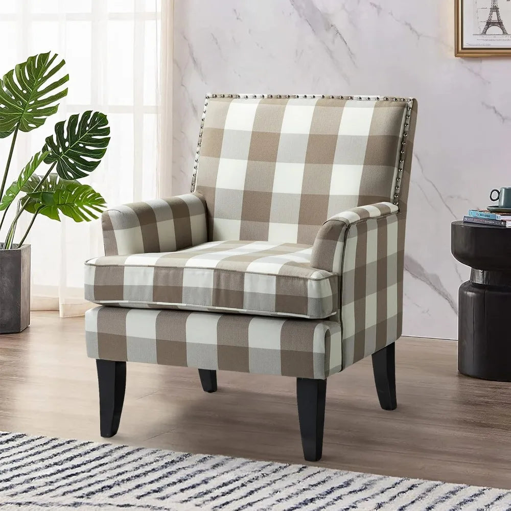 Modern Accent Chair with Arms and Wooden Legs, Mid Century Accent Chair Armchair High Back Rest, Padded Armrest