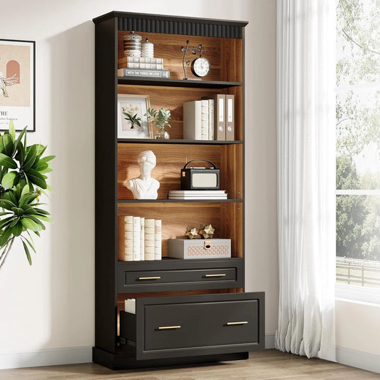 5-Shelf Bookcase with File Cabinet Drawer, 72" Tall Bookshelf, Modern Free-Standing Wood Bookcase, Large Open Display,Customized