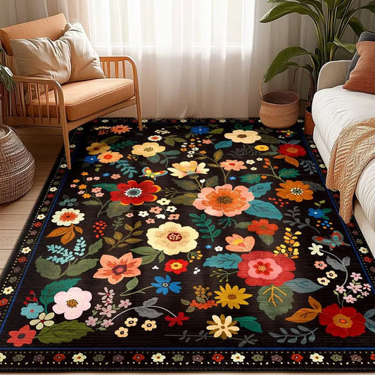 Nursery 5x7 Area Rugs Washable Print Boho Cute Carpet Non Slip Flower Low Pile for Living Room Kids Girls Playroom Bedroom Kitch