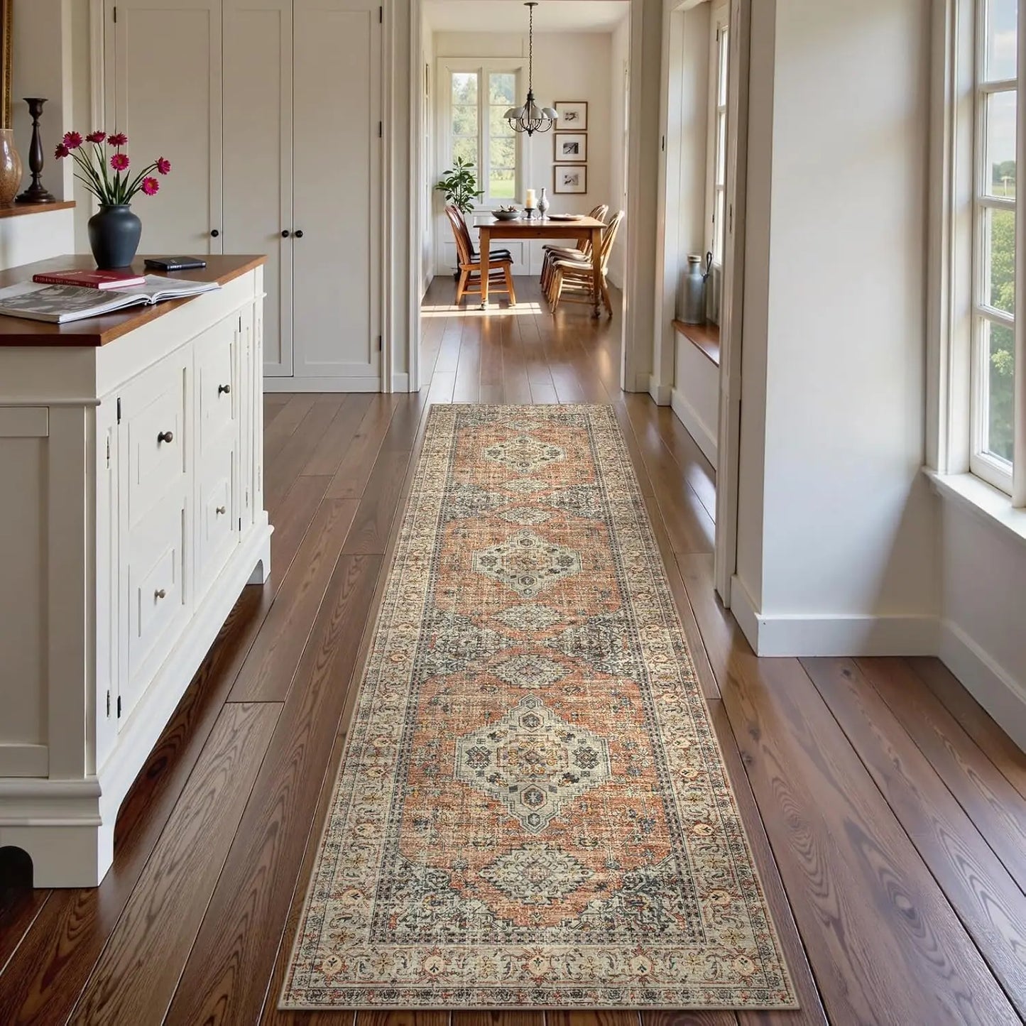 Washable Non-Slip Kitchen Runner Rug, 2x8 Vintage Soft Carpet for Hallway Bathroom Bedroom, Peach/Orange