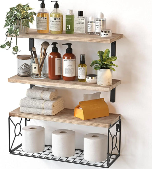 Over Toilet Floating Shelves with Storage Basket, Natural Wood Wall Shelves for Bathroom Kitchen Living Room Organization