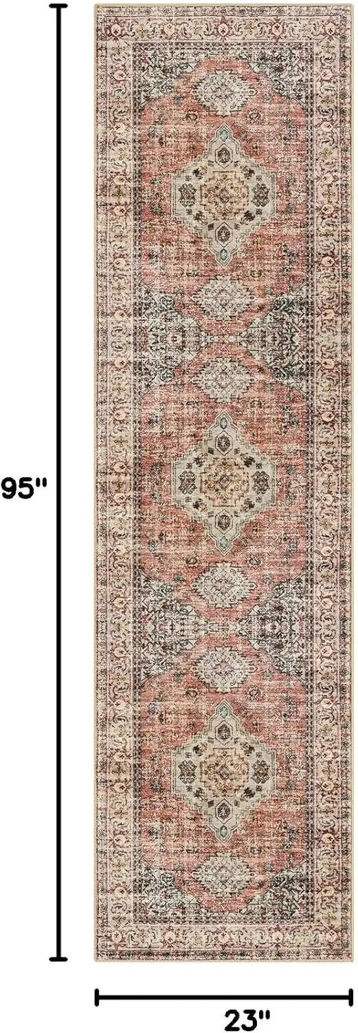 Washable Non-Slip Kitchen Runner Rug, 2x8 Vintage Soft Carpet for Hallway Bathroom Bedroom, Peach/Orange