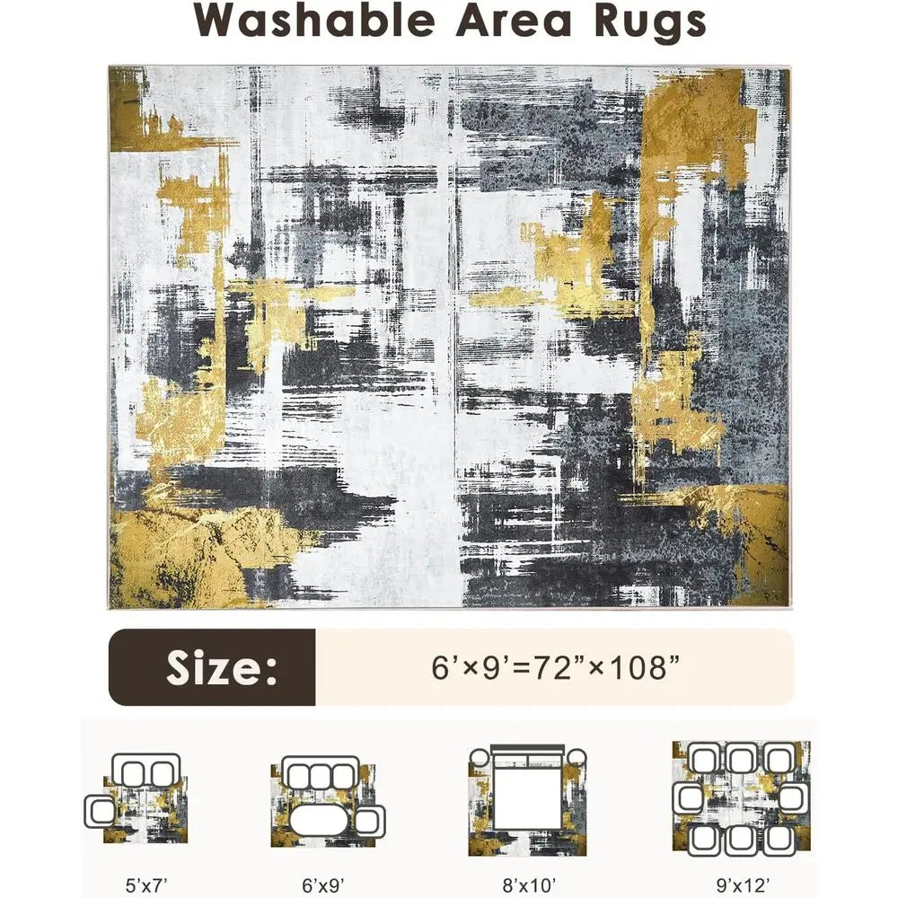 6'x9' Modern Abstract Area Rug - Washable, Non-Slip for Living Room, Bedroom, Kitchen & Dining (Gold Brushstroke)