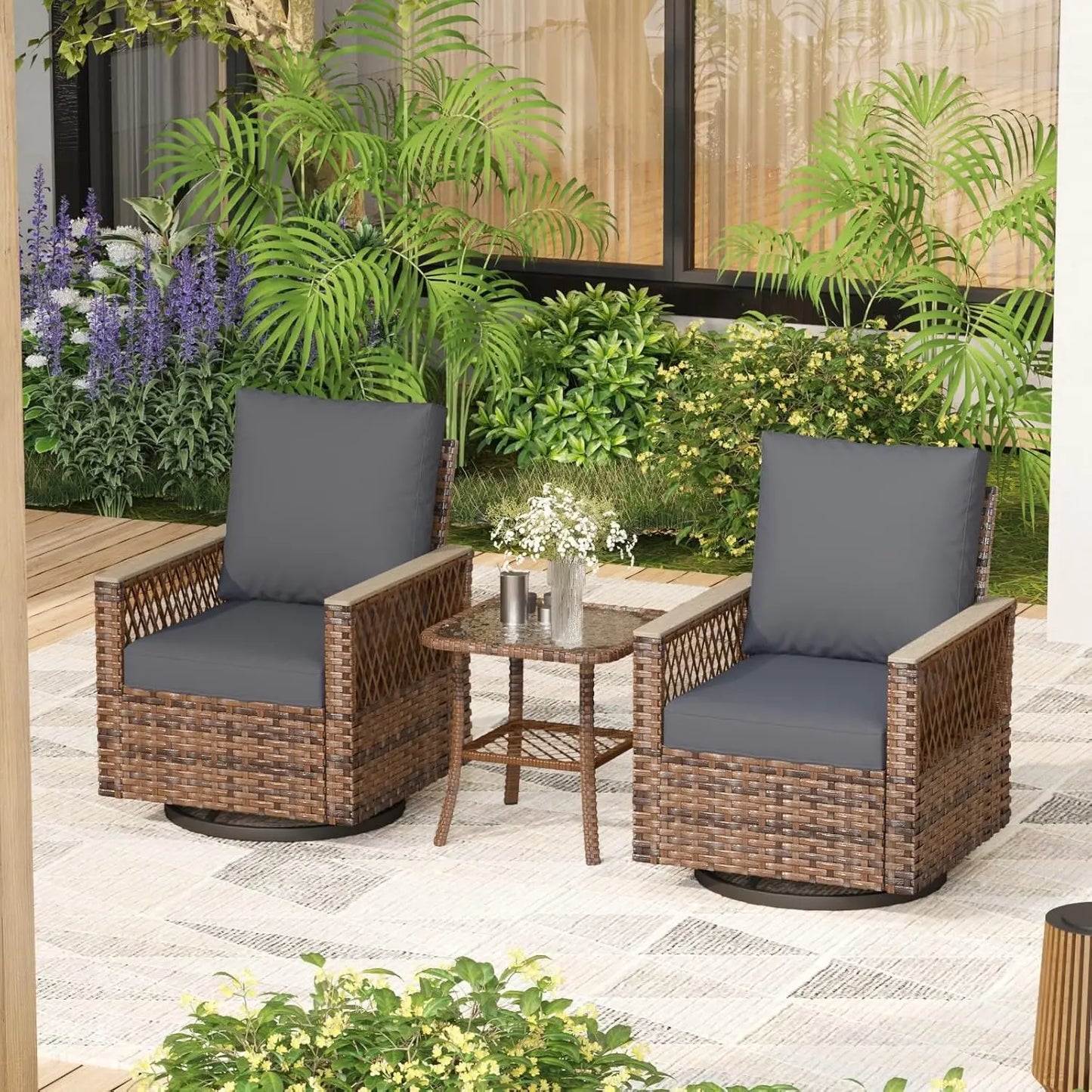 3 Pcs Patio Bistro Set with Table Set, All-Weather Wicker Patio Furniture Set with Thickened Cushions and High Back, Customized