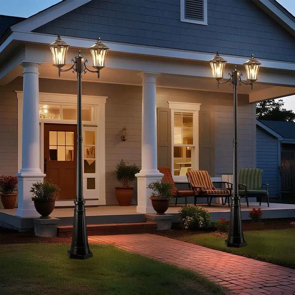 85" Solar Lamp Post Light, Dusk to Dawn Lamp Posts Outdoor Lighting, 2-Head Solar Pole Lights Outdoor Post Lights, Retro Black E