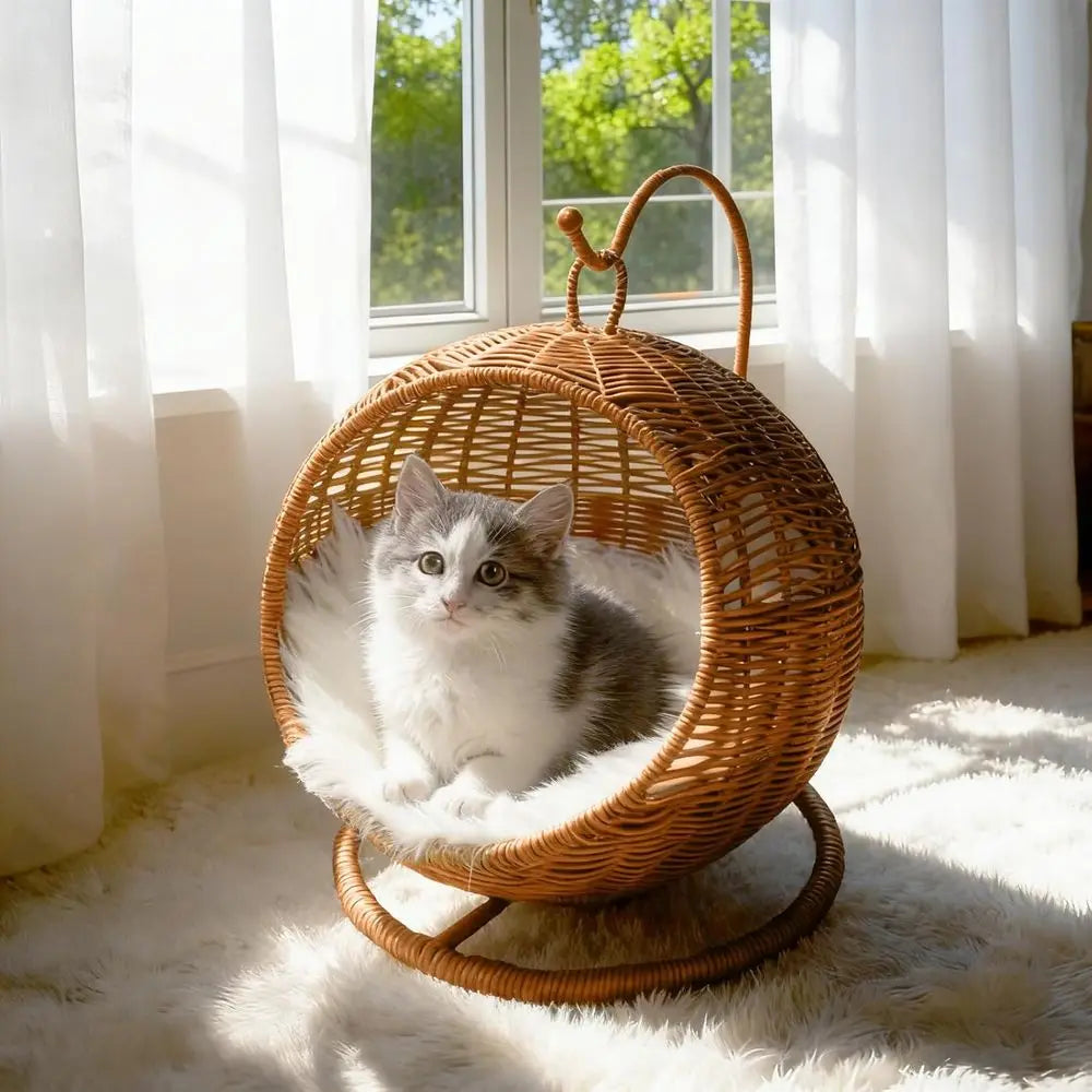 Wicker Cat Bed Indoor & Outdoor, Handwoven PP Rattan Cat Swing Bed with Removable Washable Cushion, Breathable Waterproo Cat Hou