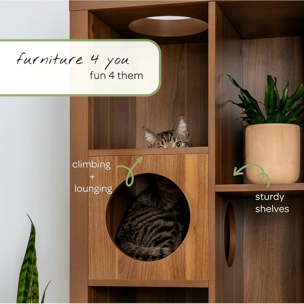 4 Cats & Dogs Cliff Jr. Cat Tree Bookshelf – Stylish Multi-Level Cat Climbing & Hiding Shelf, Space-Saving Bookshelf with 7 Leve
