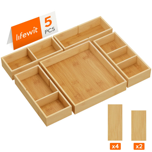 Drawer Organizers, Adjustable Bamboo Wooden Drawer Dividers, Stackable Storage Box