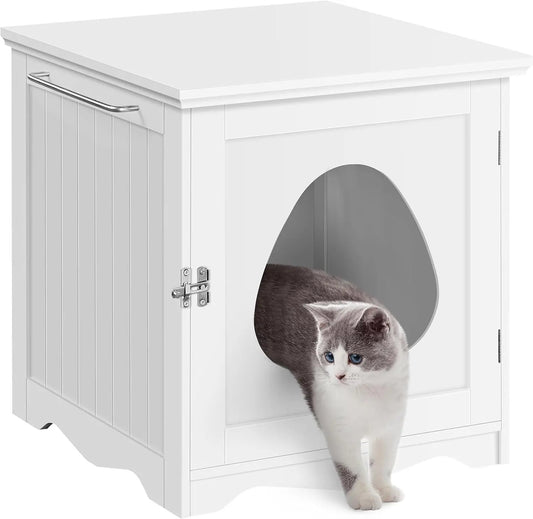 Wooden Cat Litter Box Enclosure with Towel Bar, Pet Washroom Cabinet, White Modern Furniture