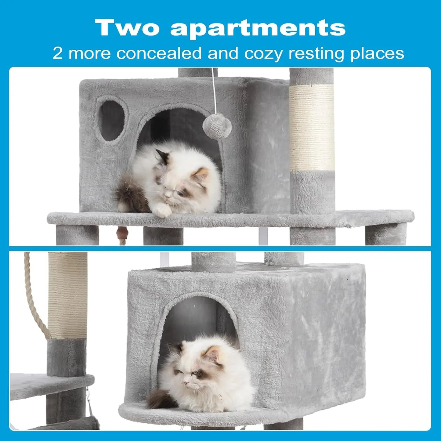 Large Multi-Level Cat Tree with Sisal Posts, 2 Plush Condos, Perch & Hammock for Cats - Light Gray