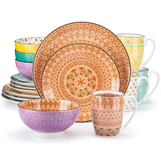 Vancasso Tulip 16/32/48-Piece 4-Color 4-Design Porcelain Dinnerware Set Plate Set with Dinner Plate,Dessert Plate,Bowl,Mug Set