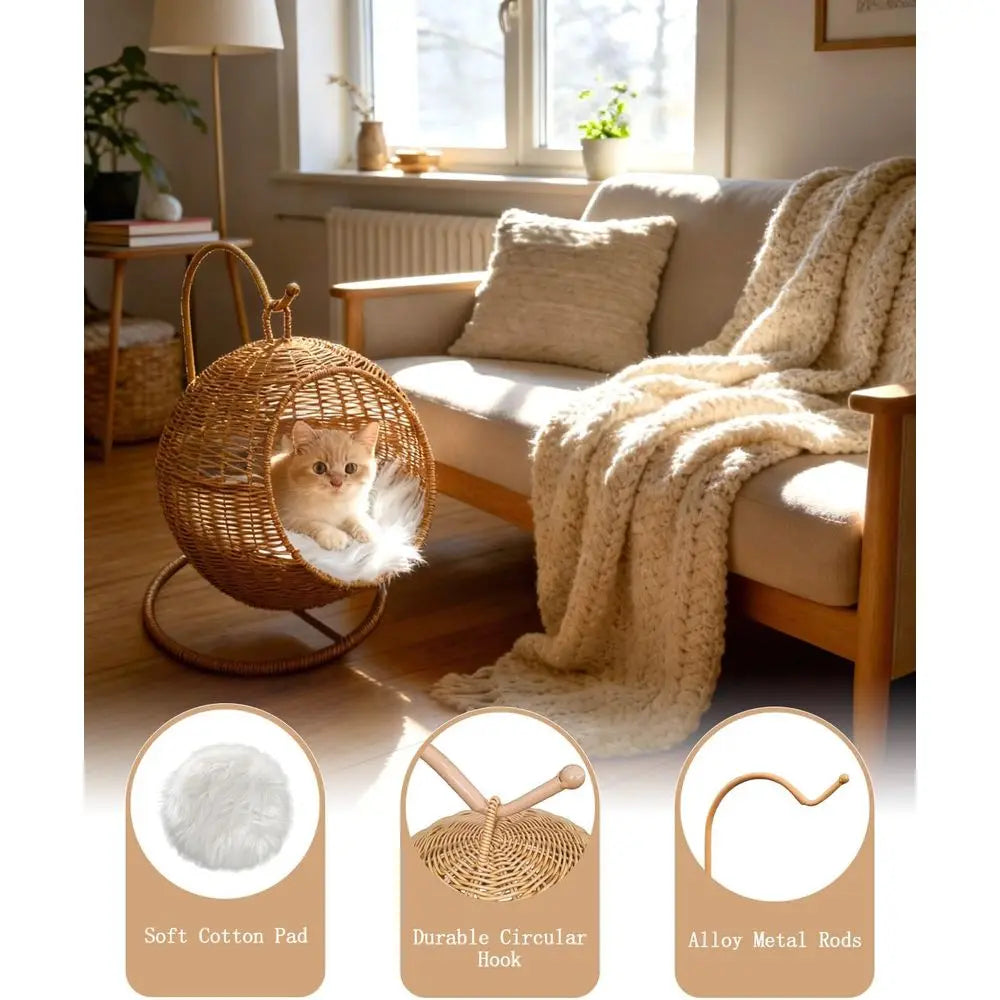 Wicker Cat Bed Indoor & Outdoor, Handwoven PP Rattan Cat Swing Bed with Removable Washable Cushion, Breathable Waterproo Cat Hou