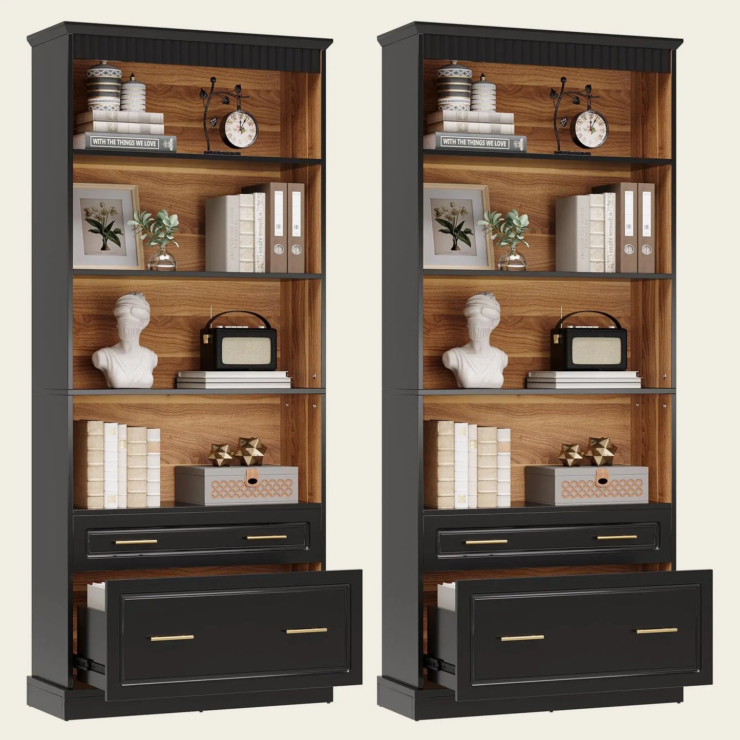 5-Shelf Bookcase with File Cabinet Drawer, 72" Tall Bookshelf, Modern Free-Standing Wood Bookcase, Large Open Display,Customized