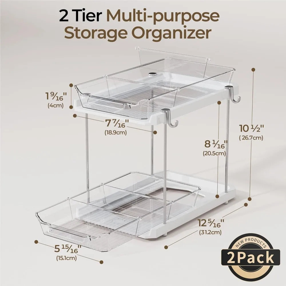 2 Tier Bathroom Under Sink Organizers and Storage with Hook, Multi-Purpose Cabinet Drawers with Movable Dividers, Pull Out Organ