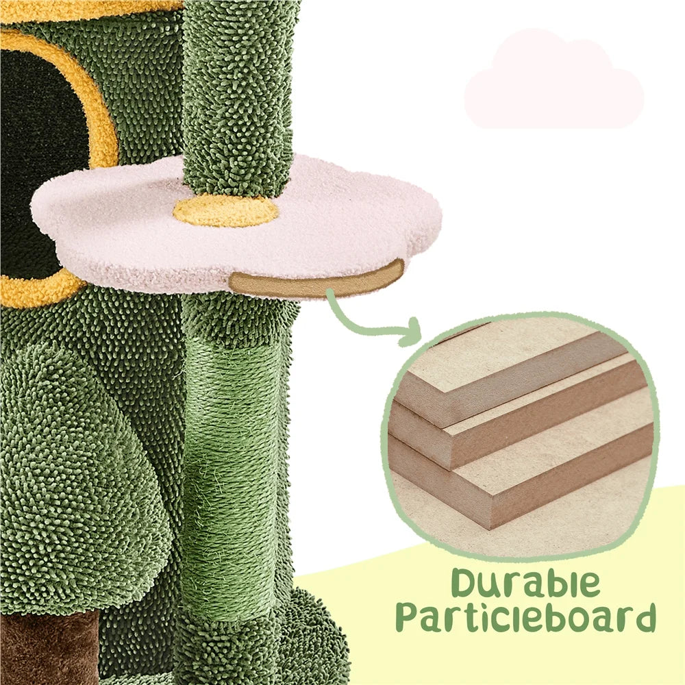 48.5 Tall OasisThemed Cat Tree Indoor FleeceCovered Tower With ching Posts Toys Cat House For Small Medium Cats Green Yell