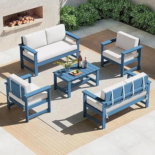 5 Pieces HDPE Outdoor Sofa Set with Cushions, All Weather Use Patio Conversation Couch Loveseat Furniture with Coffee Table for