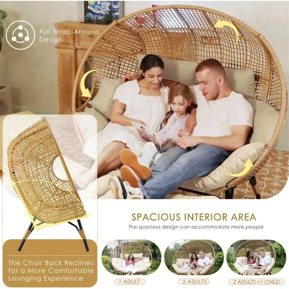 Lounge Chairs-Double Egg Chair Indoor Outdoor Stationary Thicken Padded Cushions,680 lbs，for Patio Balcony Porch Backyard Beige