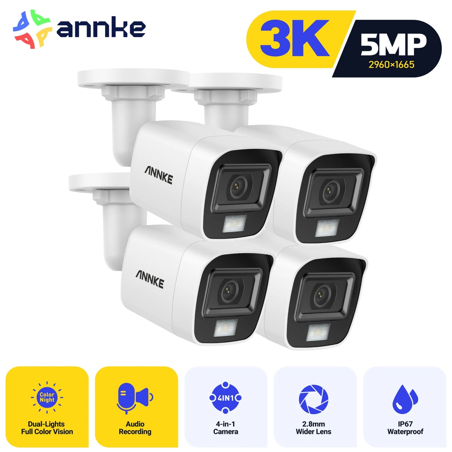 ANNKE 4Pcs 5MP CCTV Cameras Video Surveillance Outdoor Dome Camera IP67 Waterproof IR Cut Filter Camera Kit