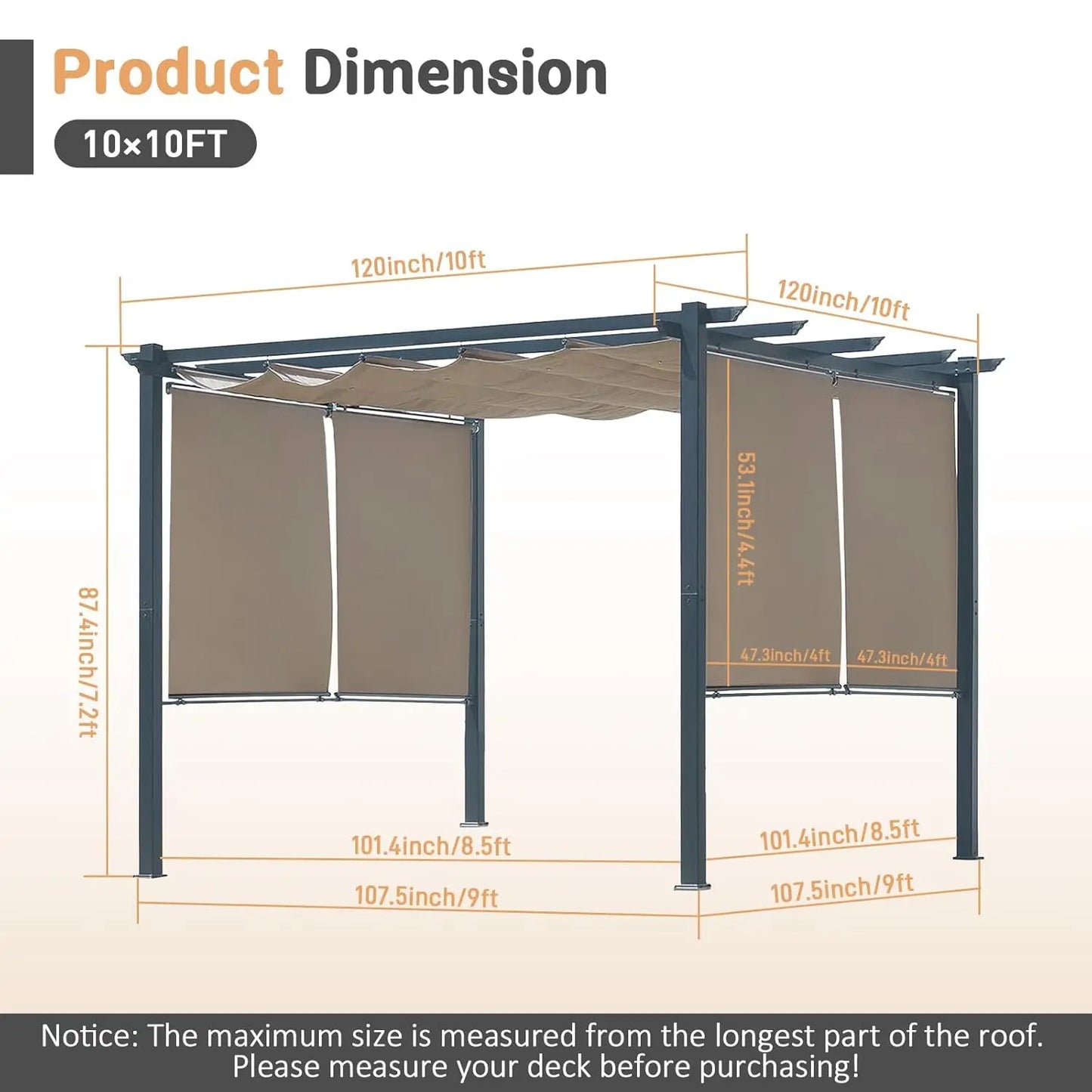10 x 10 Ft Outdoor Aluminum Pergola, Retractable Canopy & 2 Sides Shades for Patio Backyard Garden Deck, Customized