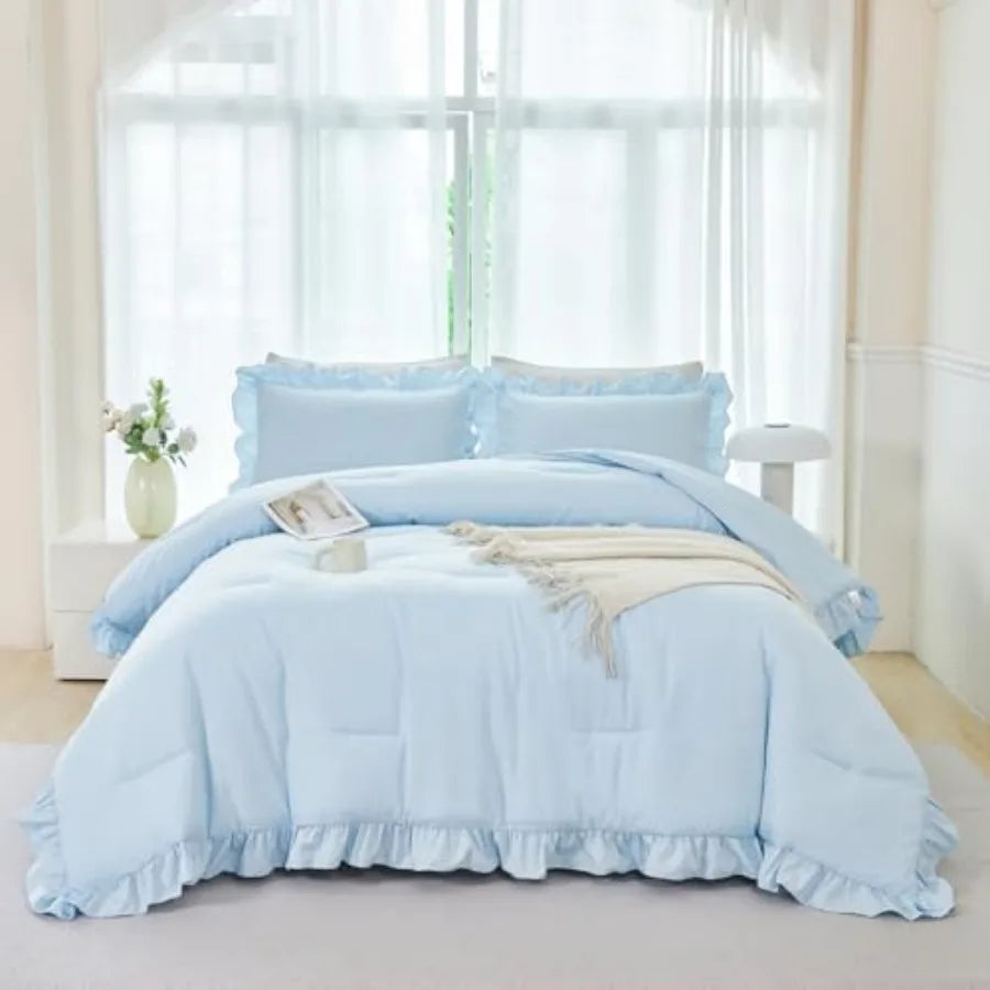 Ruffle Girls Comforter Set Twin Size 5 Pieces Ruffled Farmhouse Bed in A Bag Solid Boho Bedding Comforter Sets Soft Fluffy Bed