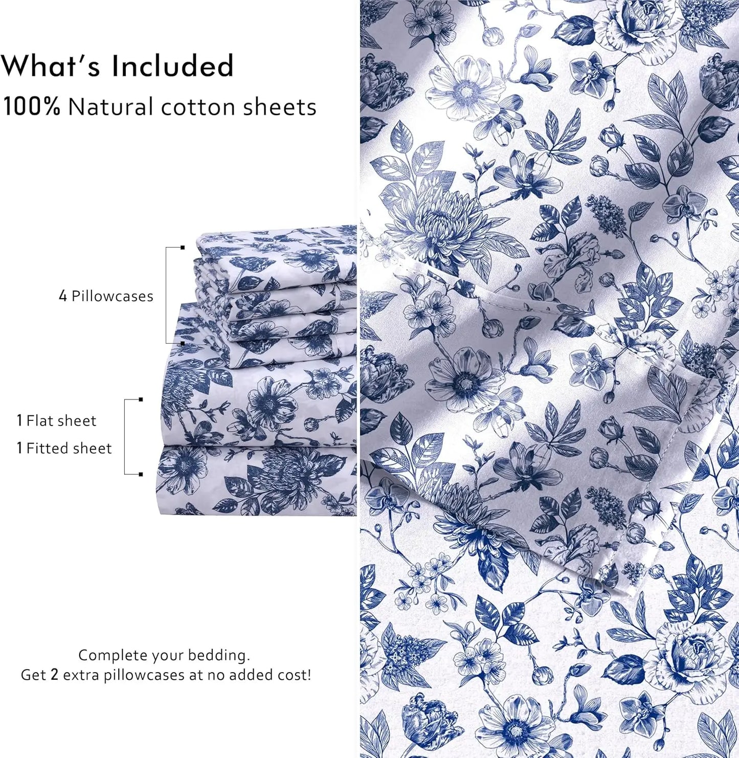 6-Piece Cotton Sheets Set - 100% Natural, Soft, Lightweight & Breathable Percale Bedding for Queen Size with Deep Pockets
