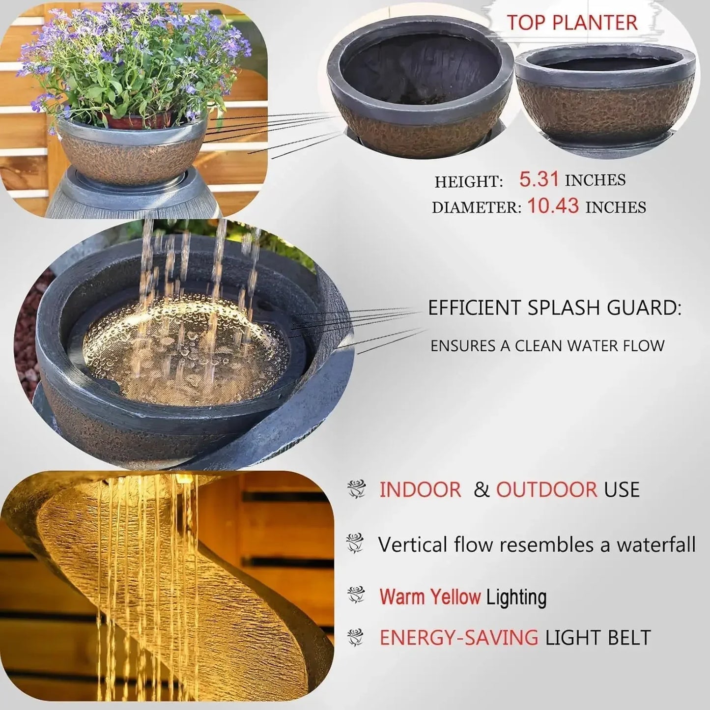 31.9" S-Shaped Water Outdoor Fountain–Modern Cascading Waterfall Feature with LED Lights & Planter Bowl