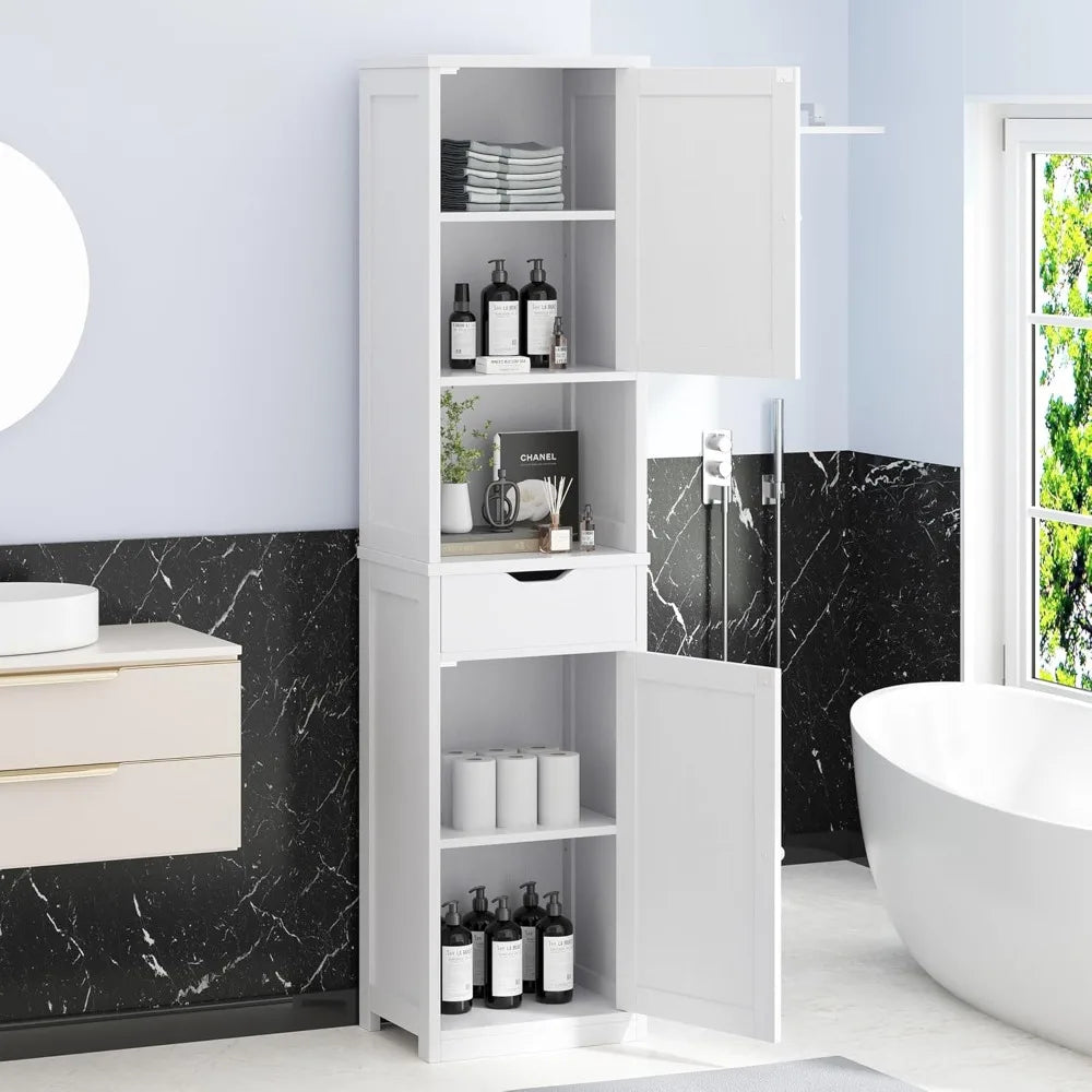 Tall Bathroom Storage Cabinet, 64”H Narrow Storage Unit for Small Spaces, Freestanding Modern Cabinet with Adjustable Shelves