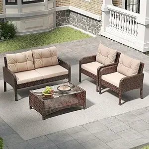 Balcony Furniture 5 Piece Patio Conversation Set, PE Wicker Rattan Outdoor Lounge Chairs with Soft Cushions 2 Ottoman&Glass Tabl