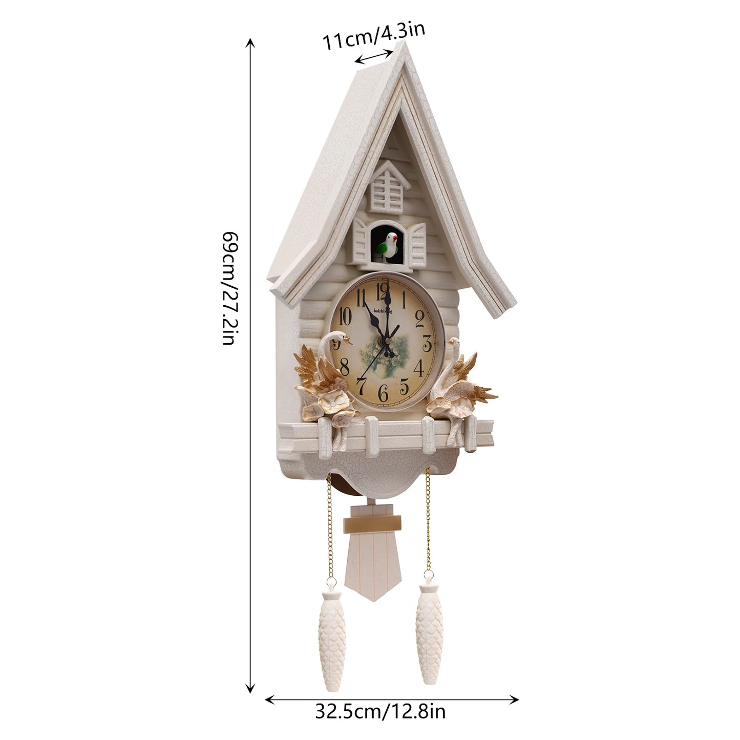 Modern Silent Cuckoo Wall Clock Battery Powered Adjustable Volume House-Shaped Decor 12.8*4.33*27.2in for Living Room Bedroom