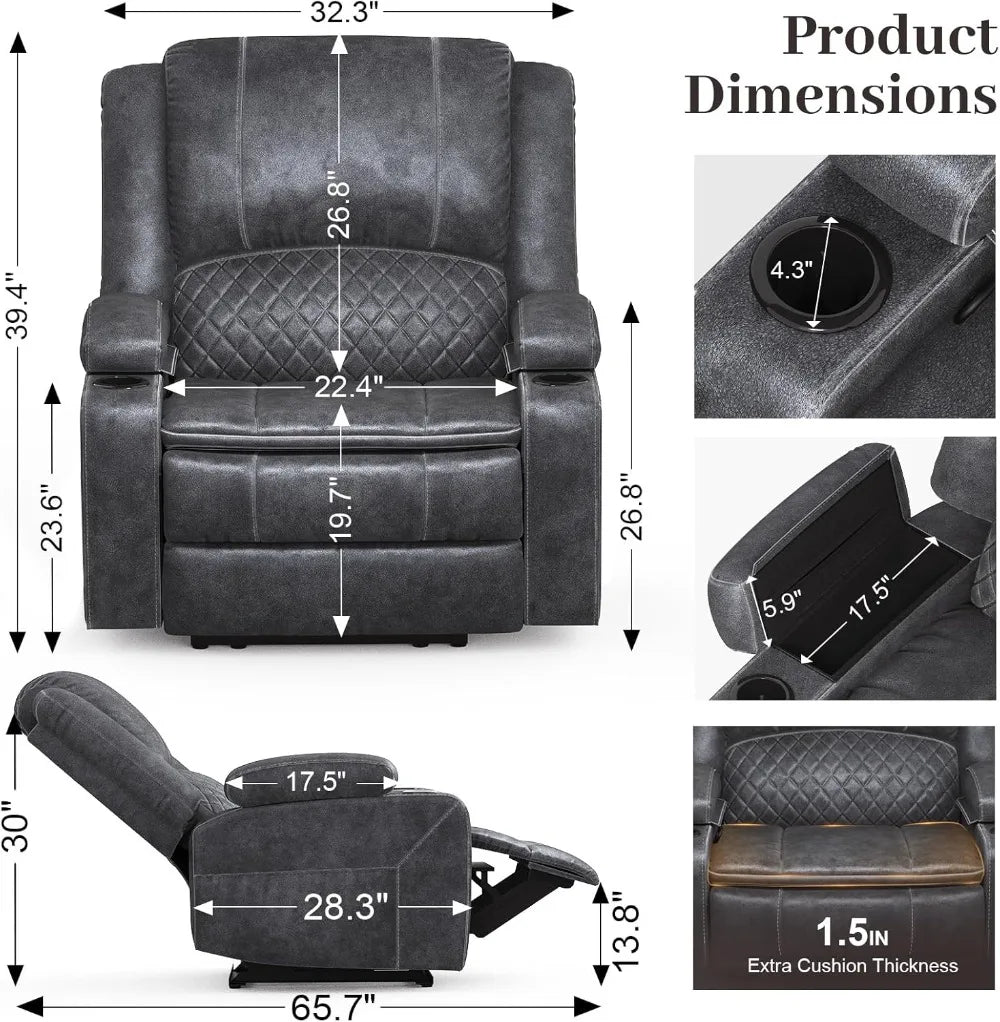 Oversize Manual Recliner Chair with 2-Tier Cushions, Hidden Storage & Cup Holders - Grey Velvet Living Room Furniture