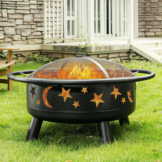 32 Inch Round Fire Pit with Mesh Cover, Fire Poker, Star and Moon Design, Metal Wood Burning Outdoor Firepit for, Customized