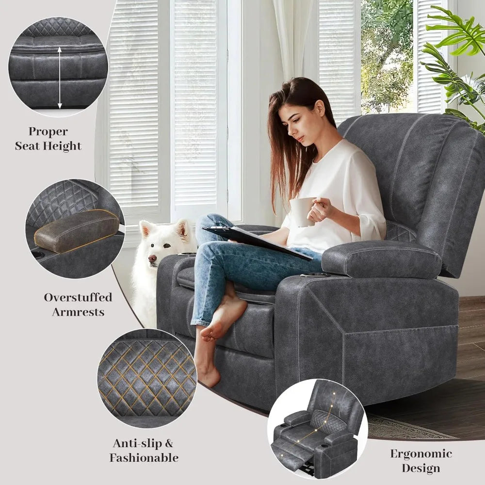 Oversize Manual Recliner Chair with 2-Tier Cushions, Hidden Storage & Cup Holders - Grey Velvet Living Room Furniture