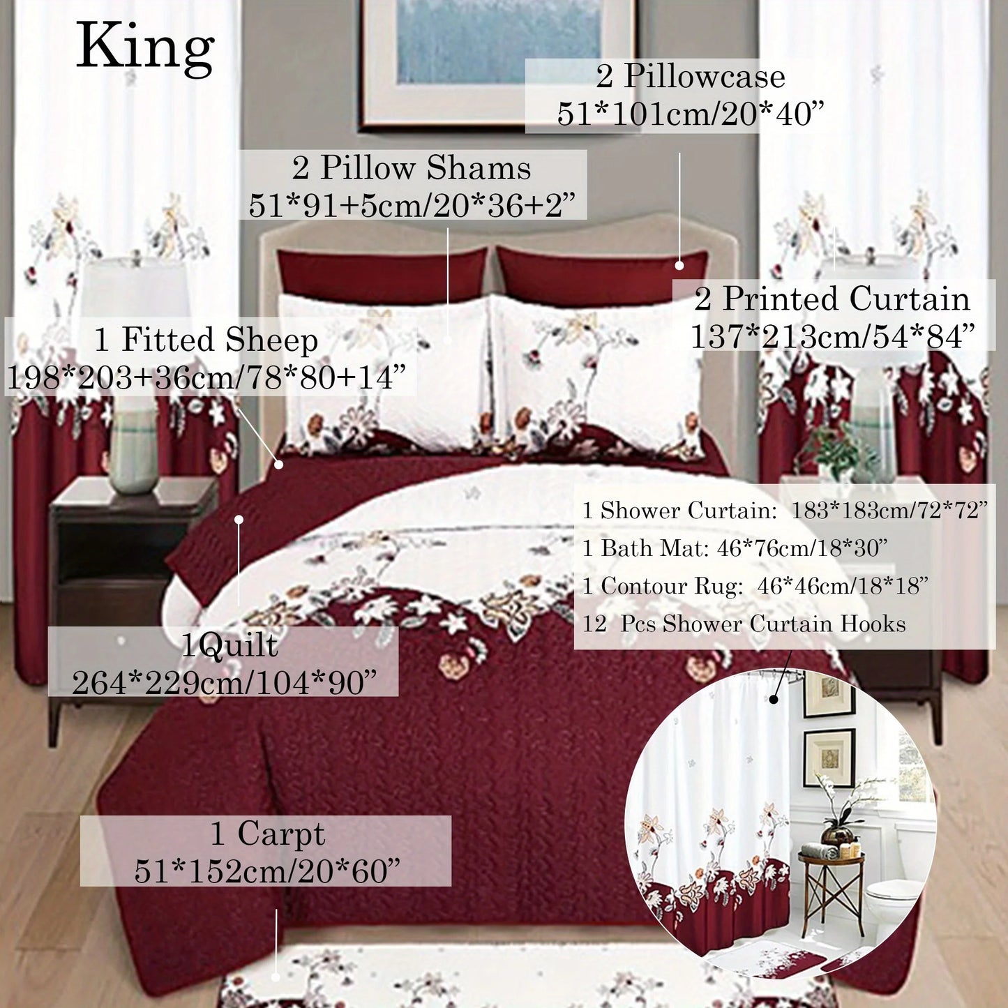 24pcs Bedspread Set 9pcs Quilt Set with 15pcs Shower Curtain Set Exquisite Pattern Modern Style Skin-friendly & Comfortable All
