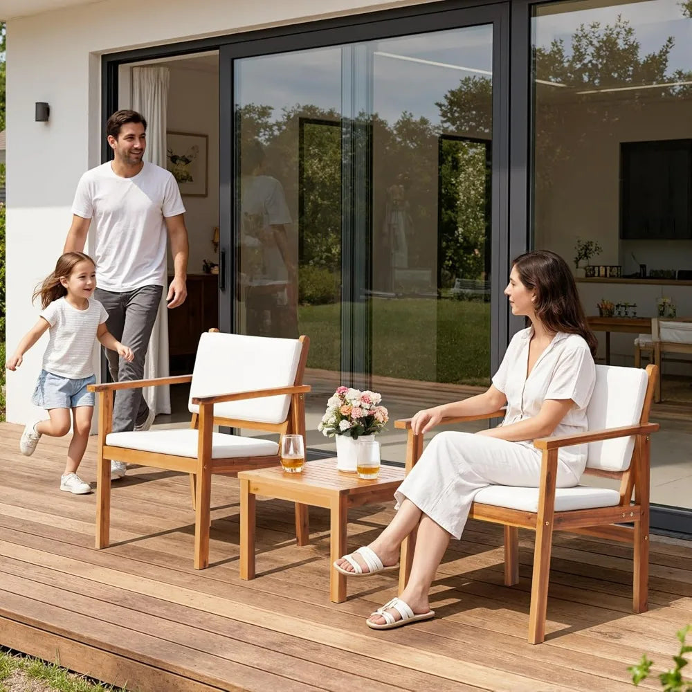 Flamaker Patio Chairs 3 Piece Acacia Wood Patio Furniture with Coffee Table & Cushions Outdoor Conversation Set Balcony Chairs