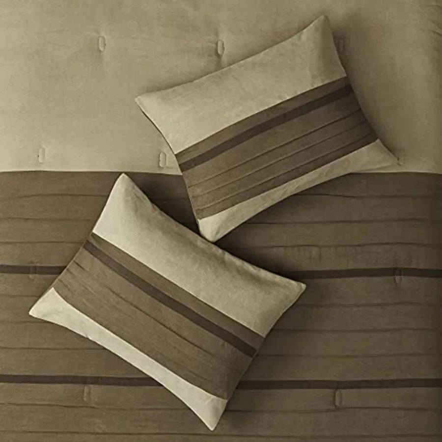 King Size All Season Down Alternative Bedding Set with Faux Suede Striped Accent Natural 7 Piece Includes Matching Shams Decora