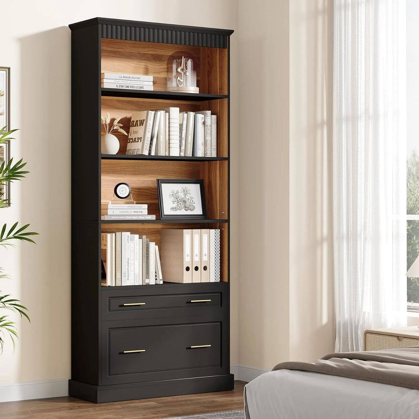 5-Shelf Bookcase with File Cabinet Drawer, 72" Tall Bookshelf, Modern Free-Standing Wood Bookcase, Large Open Display,Customized