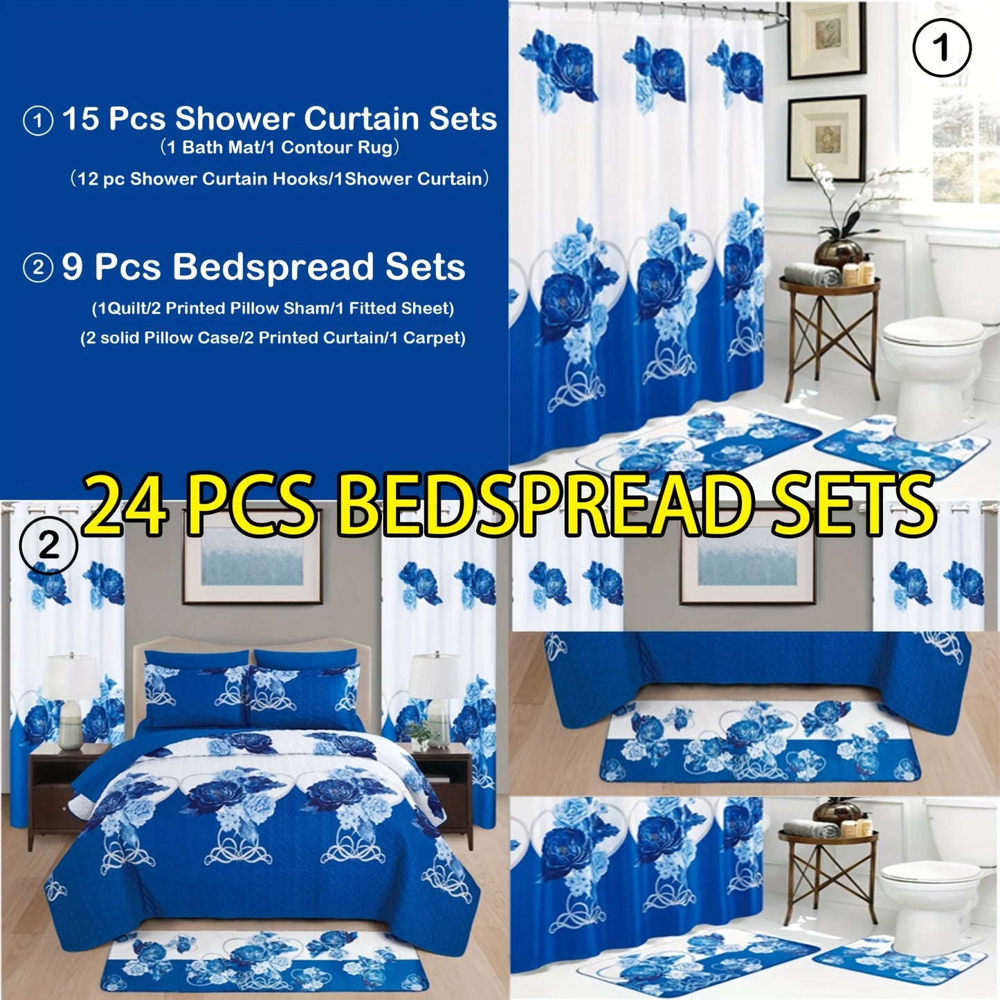 24pcs Bedspread Set 9pcs Quilt Set with 15pcs Shower Curtain Set Exquisite Pattern Modern Style Skin-friendly & Comfortable All
