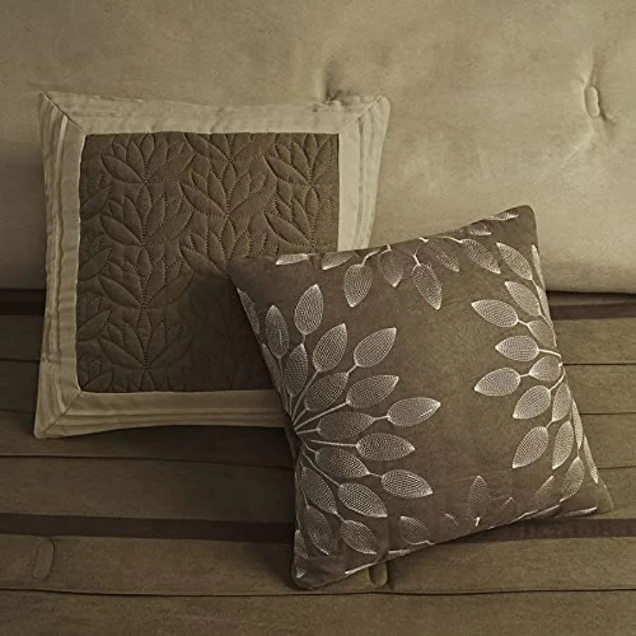 King Size All Season Down Alternative Bedding Set with Faux Suede Striped Accent Natural 7 Piece Includes Matching Shams Decora