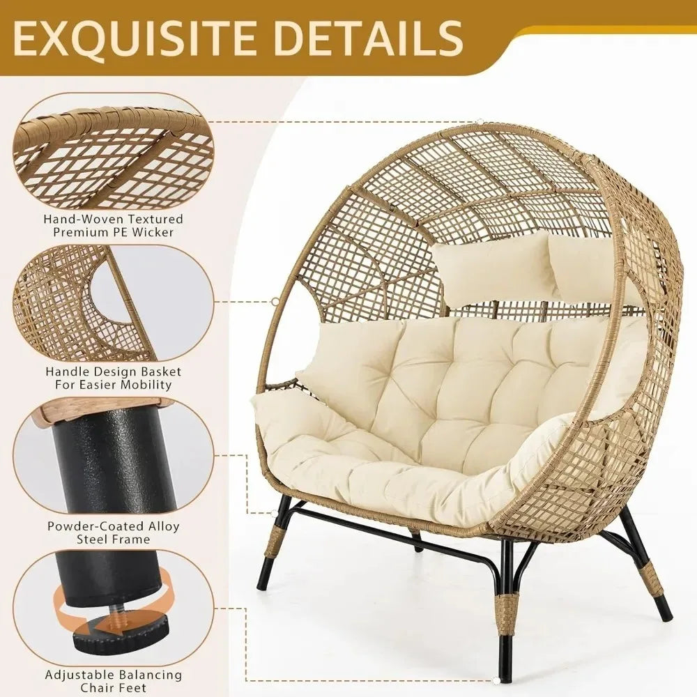 Lounge Chairs-Double Egg Chair Indoor Outdoor Stationary Thicken Padded Cushions,680 lbs，for Patio Balcony Porch Backyard Beige