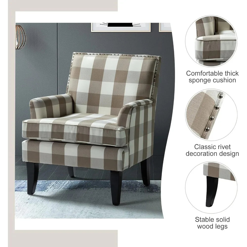 Modern Accent Chair with Arms and Wooden Legs, Mid Century Accent Chair Armchair High Back Rest, Padded Armrest