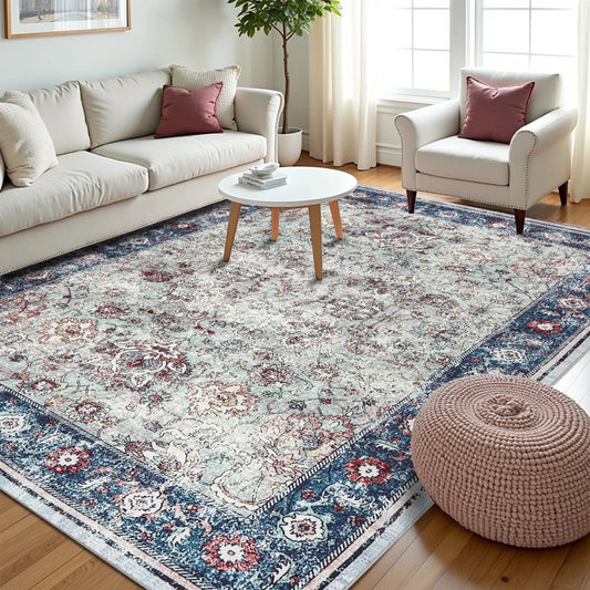Vintage Area Rug Washable Traditional Floor Cover Foldable Soft Retro Accent Distressed Floral Carpet for Bedroom Living Room
