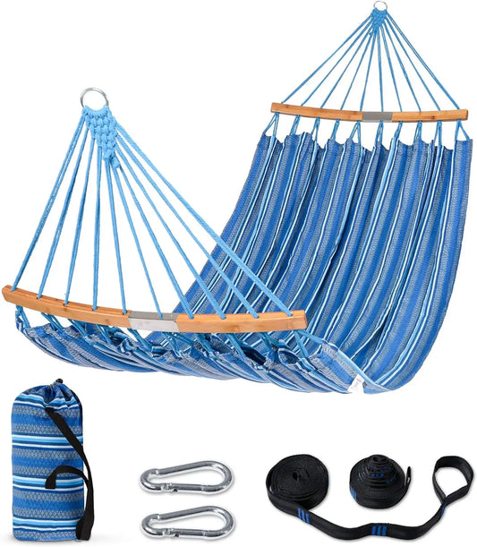 Double Hammock with Curved Spreader Bar, Portable Outdoor Hanging Bed for Patio, Backyard, Balcony, Max 450lbs Capacity, Blue