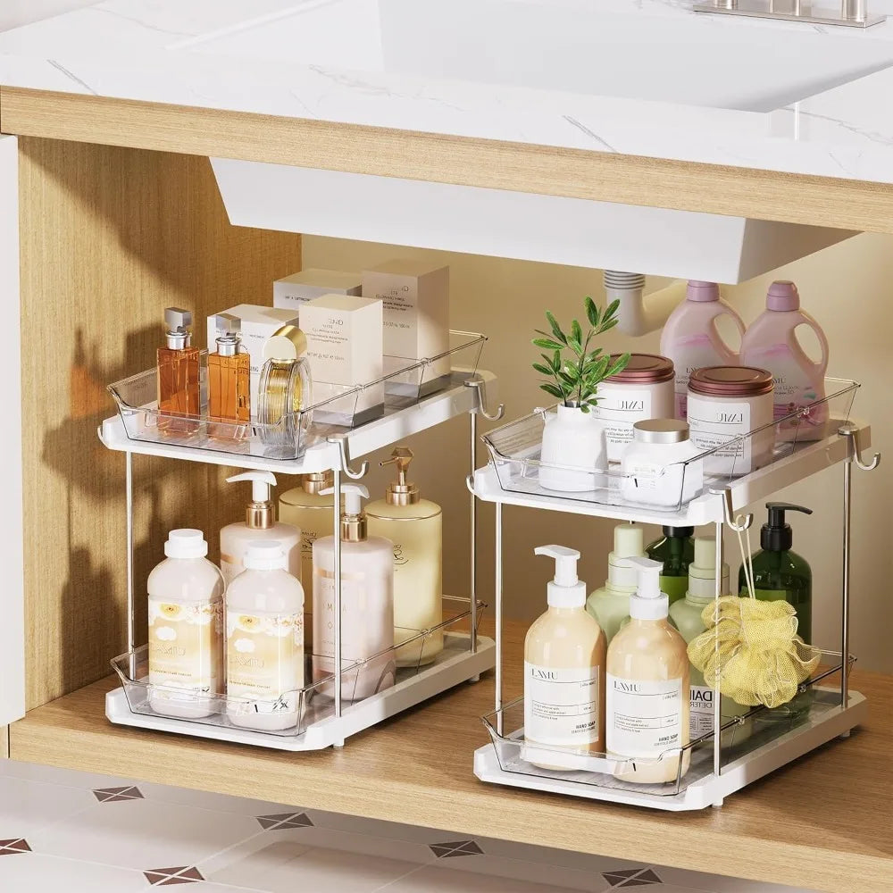 2 Tier Bathroom Under Sink Organizers and Storage with Hook, Multi-Purpose Cabinet Drawers with Movable Dividers, Pull Out Organ