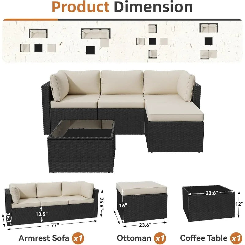 Aoxun Outdoor Patio Furniture Set, 5-Pieces All-Weather Rattan Sectional Sofa Conversation Set with Glass Coffee Table