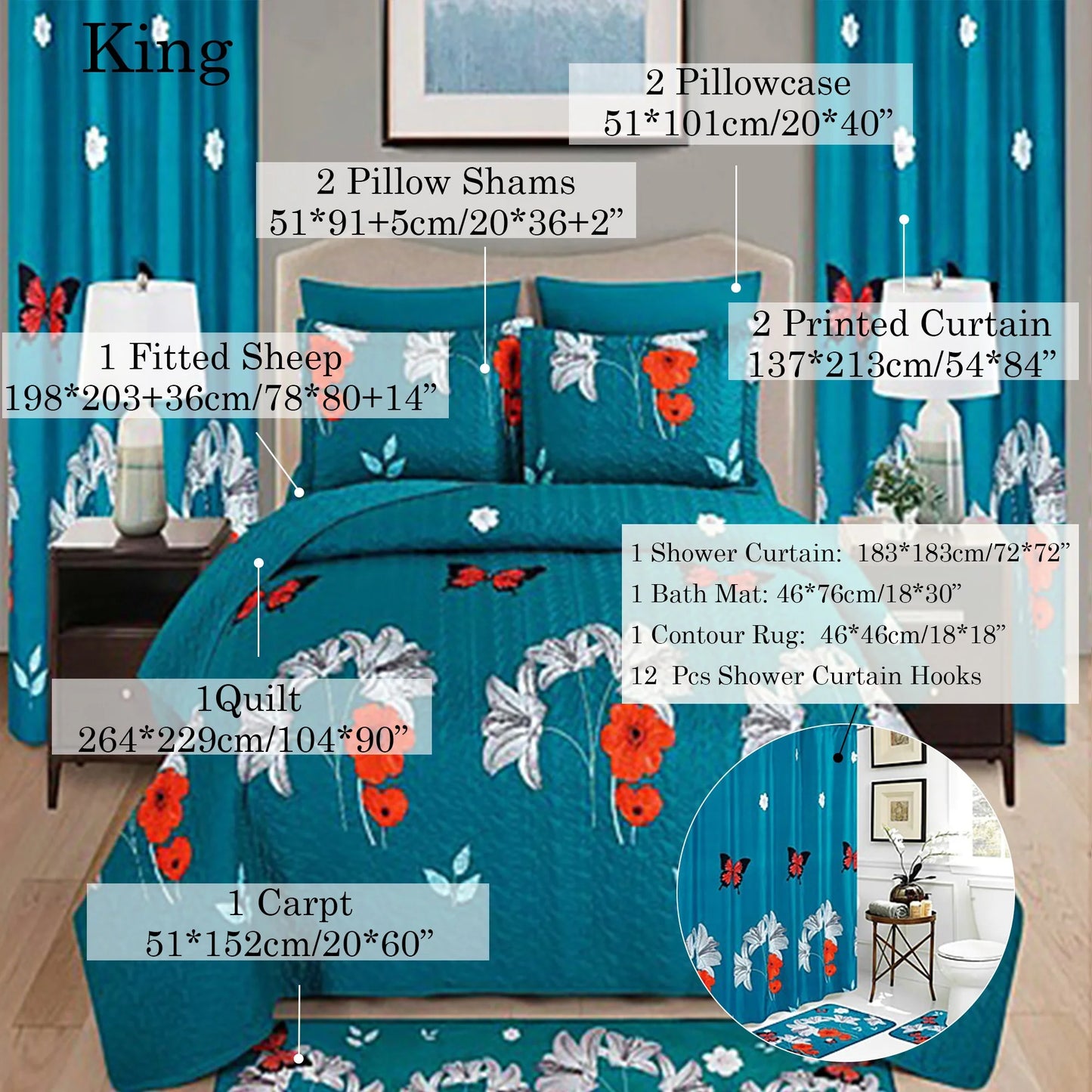 24pcs Bedspread Set 9pcs Quilt Set with 15pcs Shower Curtain Set Exquisite Pattern Modern Style Skin-friendly & Comfortable All
